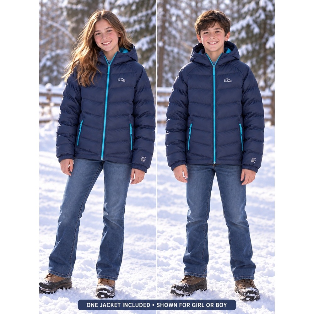 LL Bean Kids XL/18 Navy 650 Fill Downtek Hooded Puffer Jacket XL-18 Granola Ski